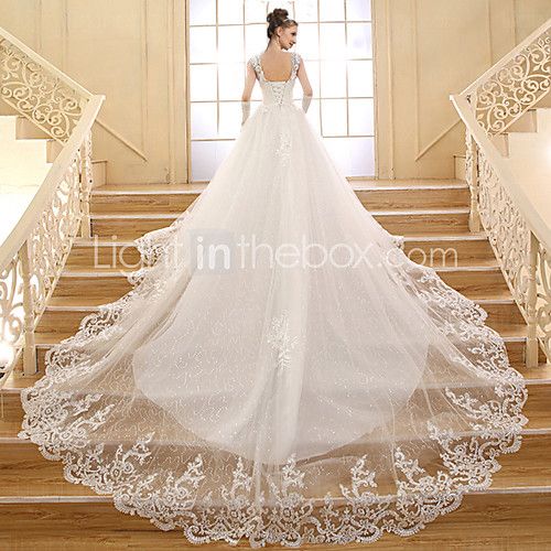 Wedding - A-line V-neck Chapel Train Lace Tulle Wedding Dress With Beading Sequin Appliques