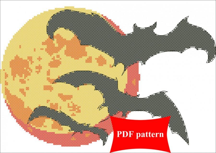 Hochzeit - Bats and moon. Modern Counted Cross Stitch Pattern PDF Instant Download. Stitch design, Embroidery, Halloween, craft store, batmen