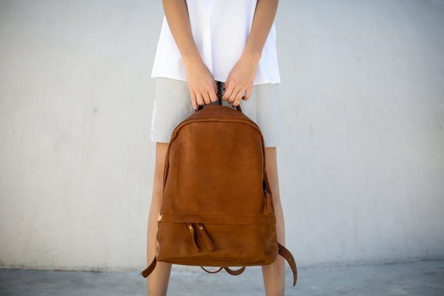زفاف - Women Leather Backpack, Brown Leather Bag, Women Travel Bag, Student Bag, Rucksack  - Honey Brown Ziggy