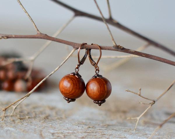 Свадьба - Wooden earrings wooden handmade wooden jewelry earrings boho wooden bead earring gift for her brown earring wooden beaded earring