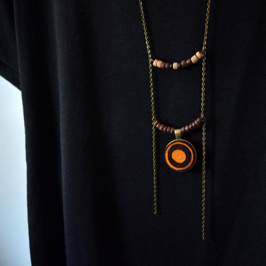 Mariage - Pendant necklace with metal chain and felt spirals orange brown