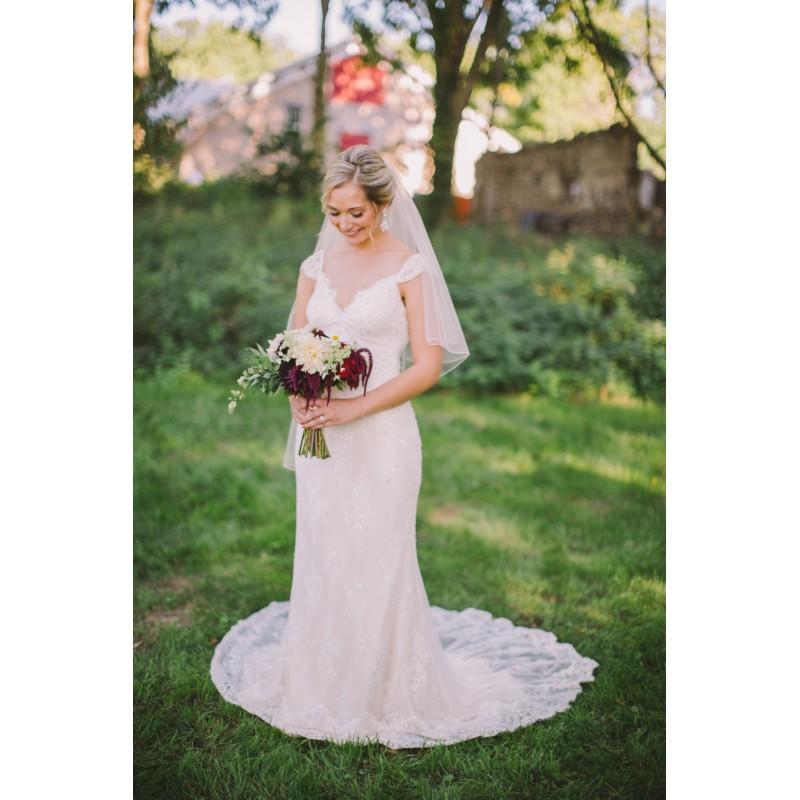 Wedding - Sweep Train Elegant Trumpet Cap Sleeves Beading Ivory Lace Zipper Up V-Neck Garden Spring Bridal Gown - dressosity.com