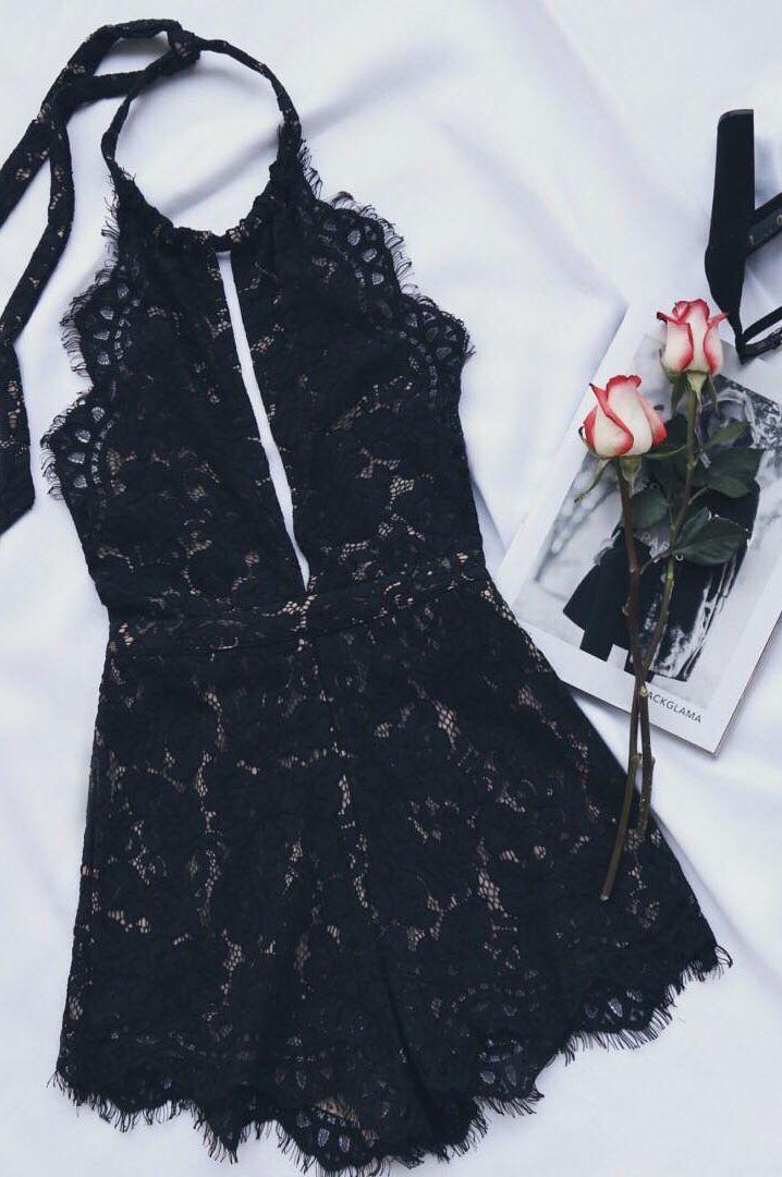Wedding - Emergent Blooms Black Lace Romper