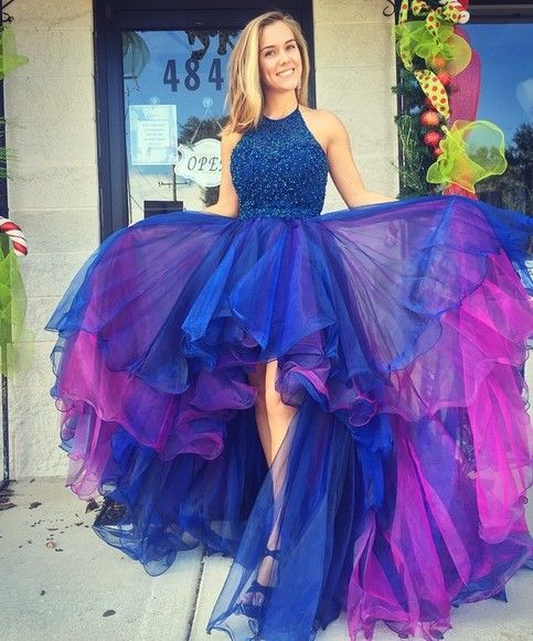 Mariage - Beaded High Low Prom Dress,Halter Prom Dress,Custom Made Evening Dress,Double Colors Homecoming Dress