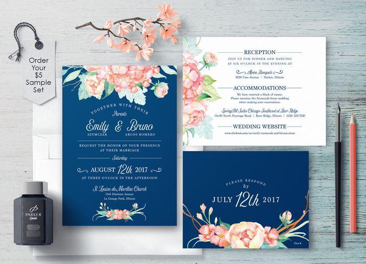 Hochzeit - Coral And Navy Wedding, Coral Wedding Invitations, Navy And Peach Invitation, Printable, Floral