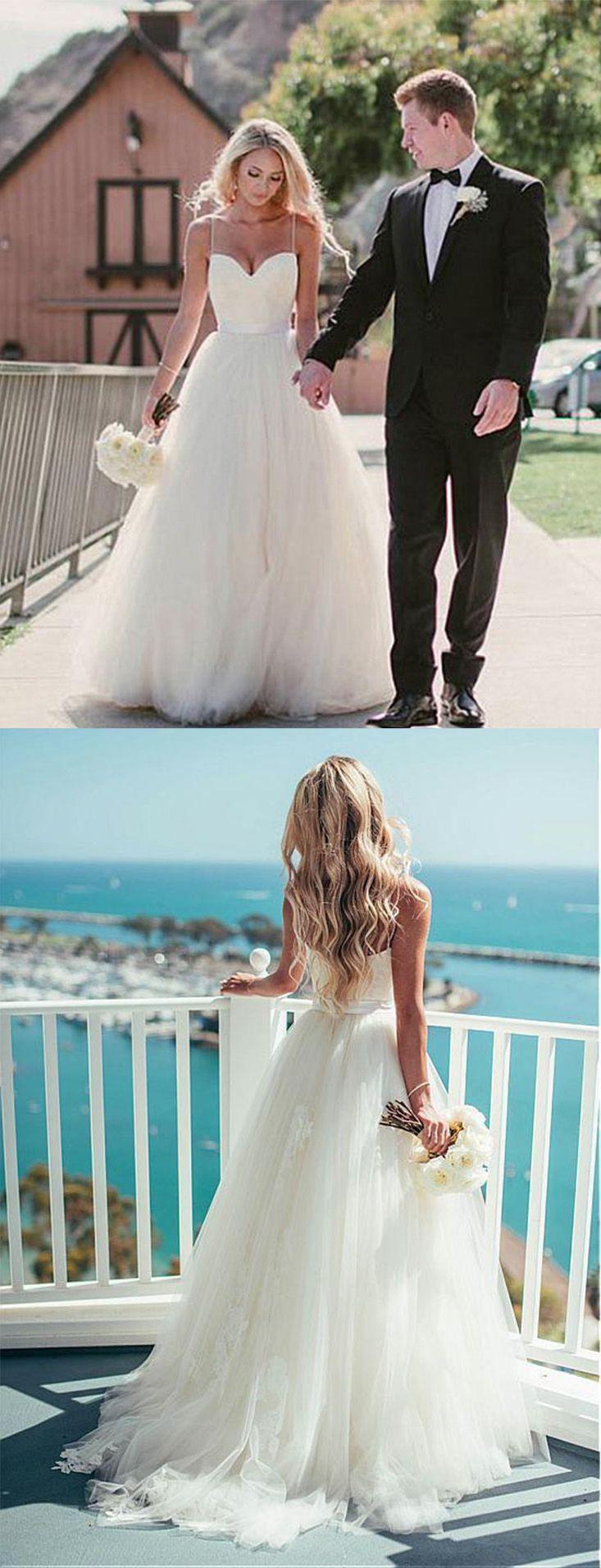 Свадьба - Pretty Wedding Dresses,Spaghetti Straps A-line Tulle Ivory Wedding Dresses,Summer Wedding Dresses,Beach Wedding Dresses,2018 Bridal Gown From SIMIBRIDALDRESS