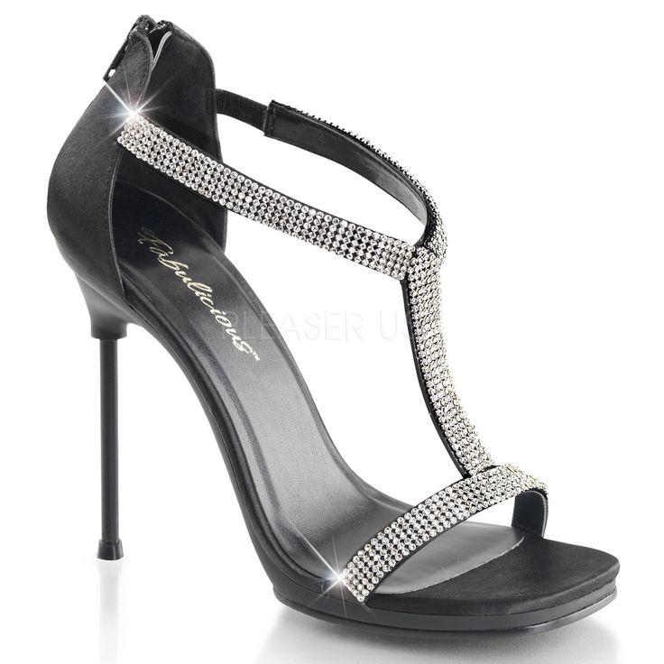 Mariage - Fabulicious CHIC-21 Black Satin T-Strap Sandals