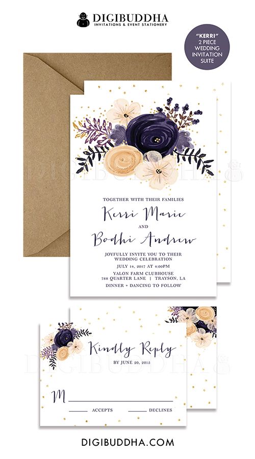 Свадьба - WEDDING INVITATION SUITE 2 Pc Wedding Invites RSvP Plum Purple Flowers Gold Glitter Printed Or DiY Printable Wedding Invitations - Kerri