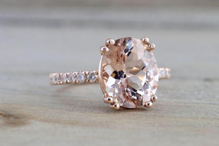 Hochzeit - 14k Rose Gold Elongated Oval Cut Pink Morganite Diamond Engagement Ring