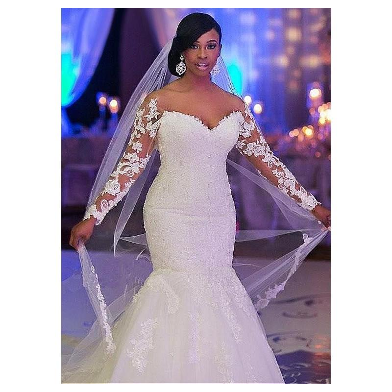 زفاف - Stunning Tulle Off-the-shoulder Neckline Mermaid Wedding Dresses With Beaded Lace Appliques - overpinks.com