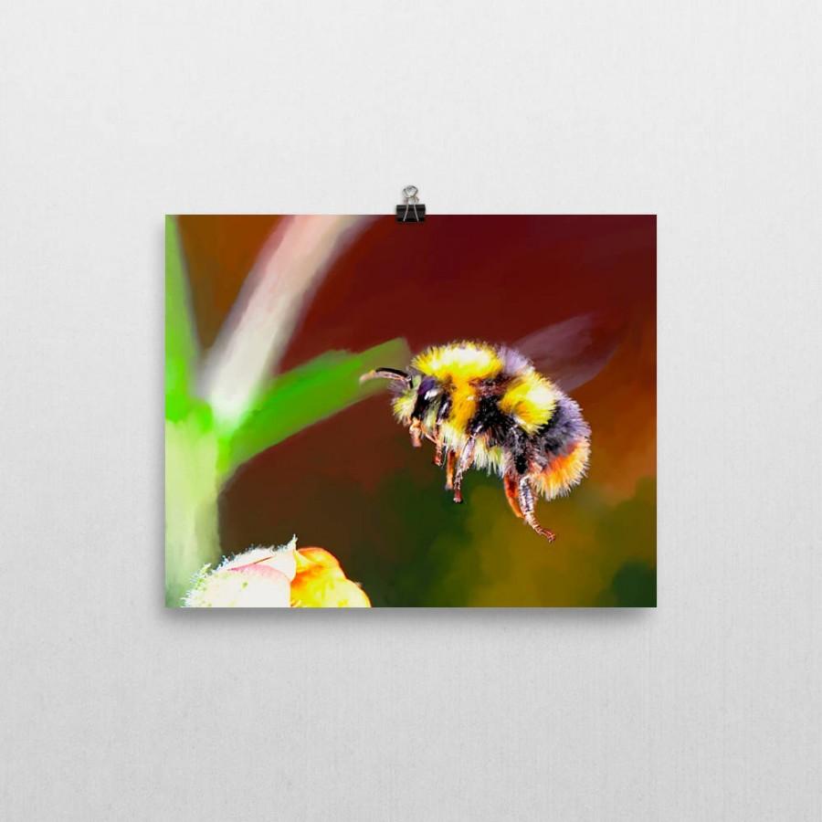 زفاف - Bumble bee and flower original artwork print. Flying honey insect baby shower gift ideas. Garden wall hanging. Yellow and black keeper art