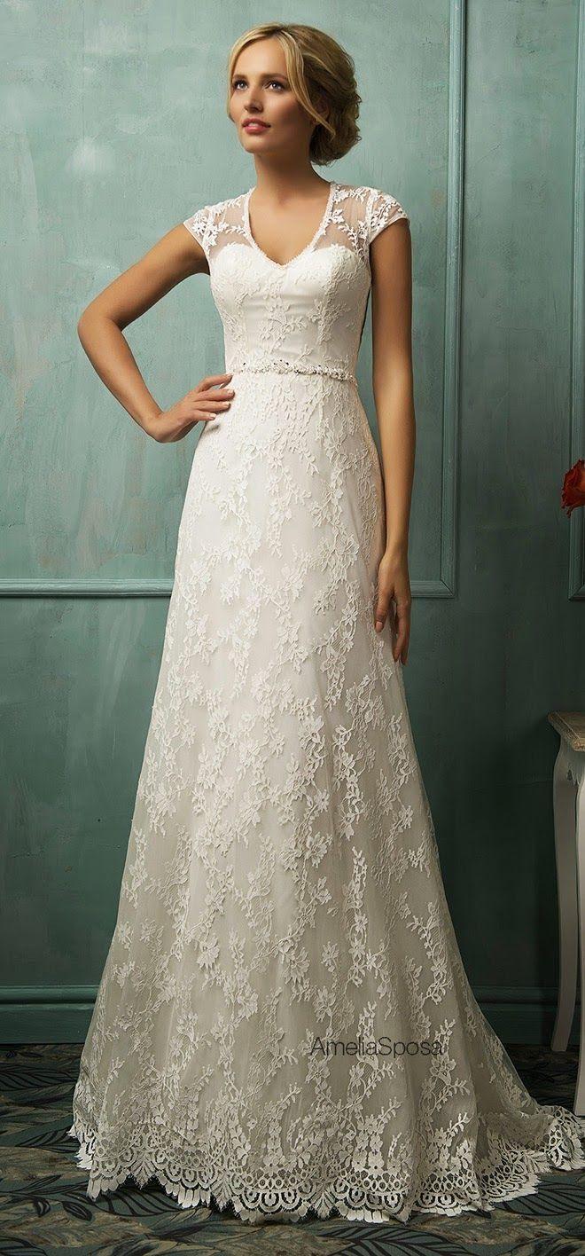 زفاف - 2016 Luxury Lace Bridal Wedding Dresses With Jewelry Belt V-neck Capped Sleeves Modest Dress Brides Vestido Noiva