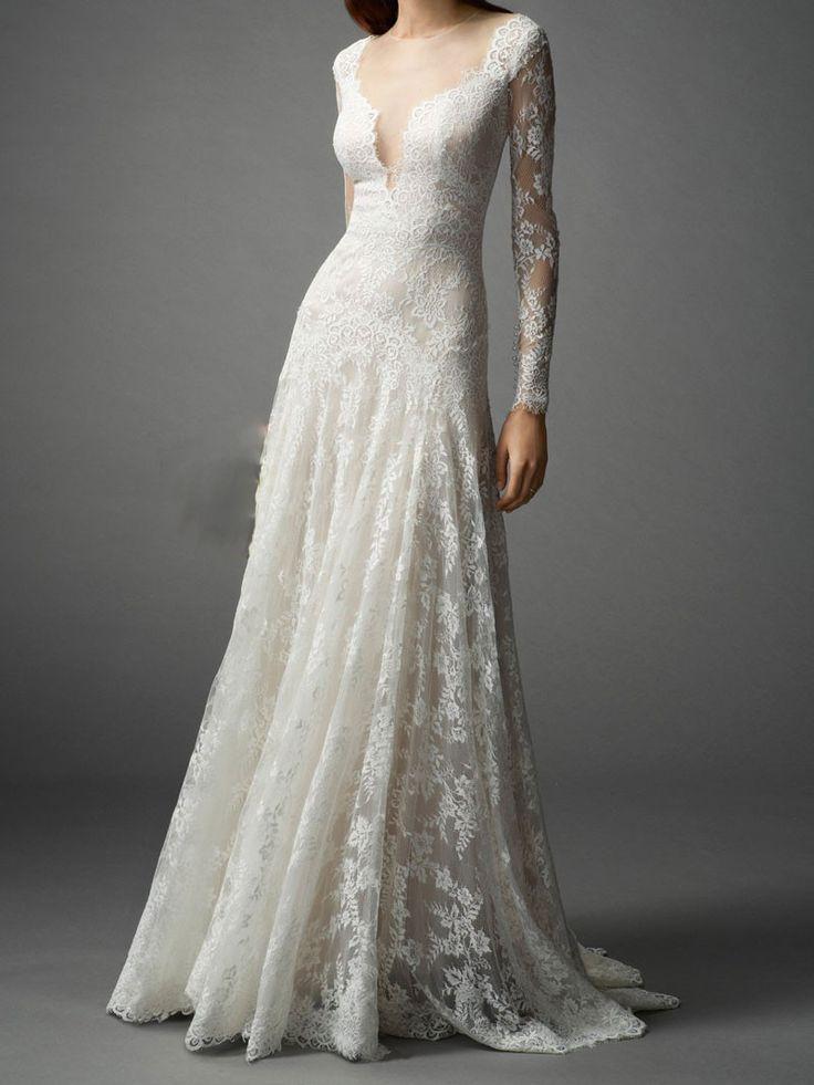 زفاف - Slim A-line Lace Wedding Dress With Long Sleeves