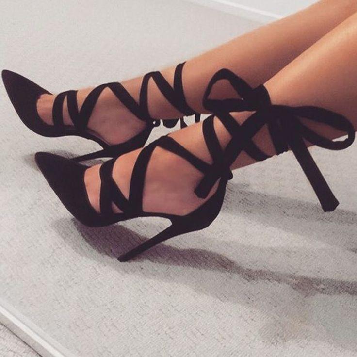 Mariage - Date Out Black Ribbon Lace Up Stiletto Heels