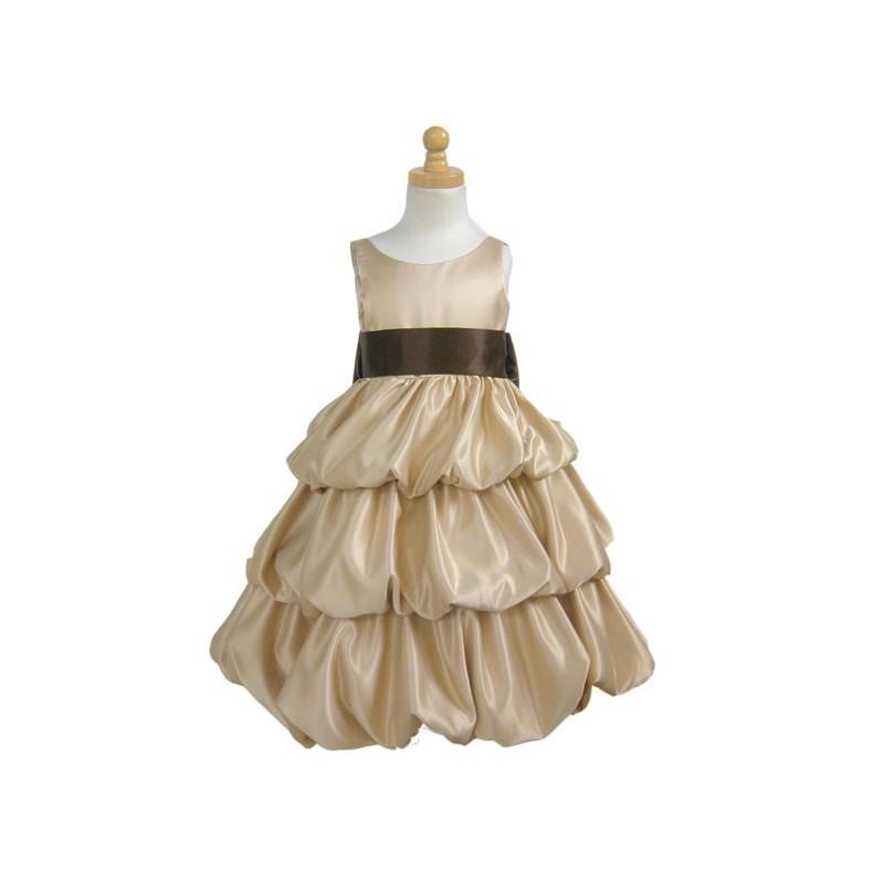 زفاف - Champagne Layered Satin Bubble Dress w/ Brown Sash Style: D3070 - Charming Wedding Party Dresses