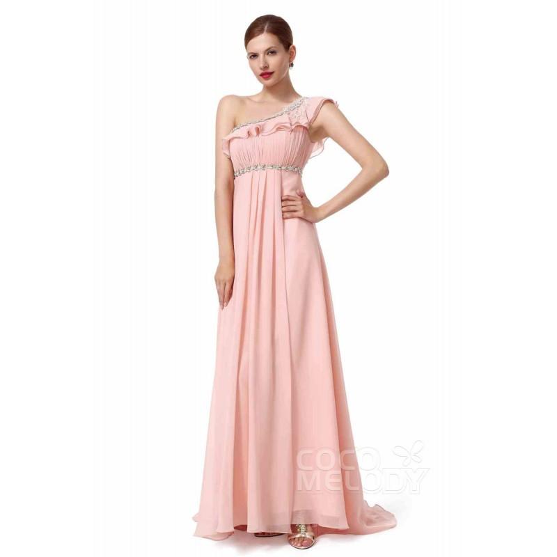 Mariage - Fashion Sheath-Column One Shoulder Sweep Brush Train Chiffon Peach Beige Evening Dress - Top Designer Wedding Online-Shop