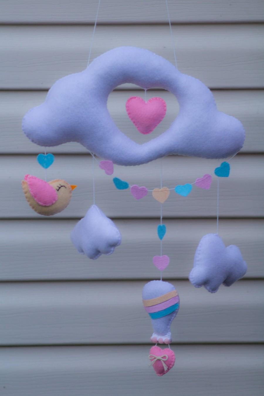 زفاف - Baby mobile Baby girl mobile Cot mobile Heart mobile Cloud Mobile Clouds, hearts and birds white pink blue felt-baby bedding made from felt