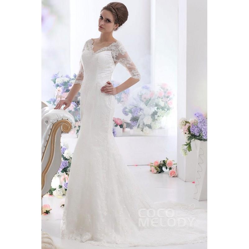 Mariage - Fancy Sheath-Column V-Neck Half Sleeve Court Train Lace Wedding Dress CWXT1300A - Top Designer Wedding Online-Shop