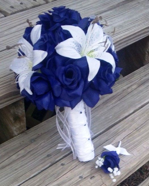 Hochzeit - Royal Blue Rose White Lily Wedding Bouquet With Boutonniere, Royal Blue Bouquet, Lily Bouquet, Royal Blue White Bouquet, Royal Blue Wedding