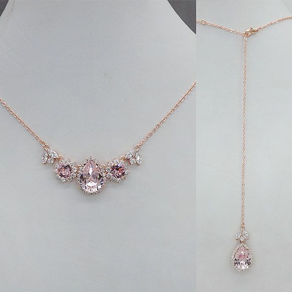 Hochzeit - Backdrop Bridal Necklace, Blush Back Drop Necklace, Back Drop Wedding Necklace, Pink Crystal Necklace, Rose Gold Wedding Jewelry For Brides