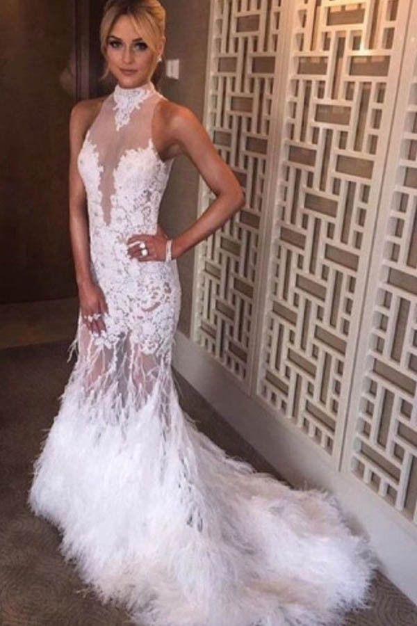 Wedding - Halter Neck Feather Mermaid Appliques Prom Dress With Court Train PG358