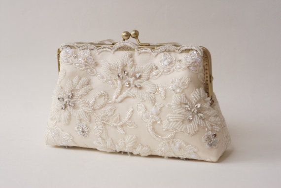 Mariage - Bridal Chantilly Wedding Lace Clutch In Champange, Spring Wedding, Vintage Inspired , Wedding Bag, Bridal Clutch
