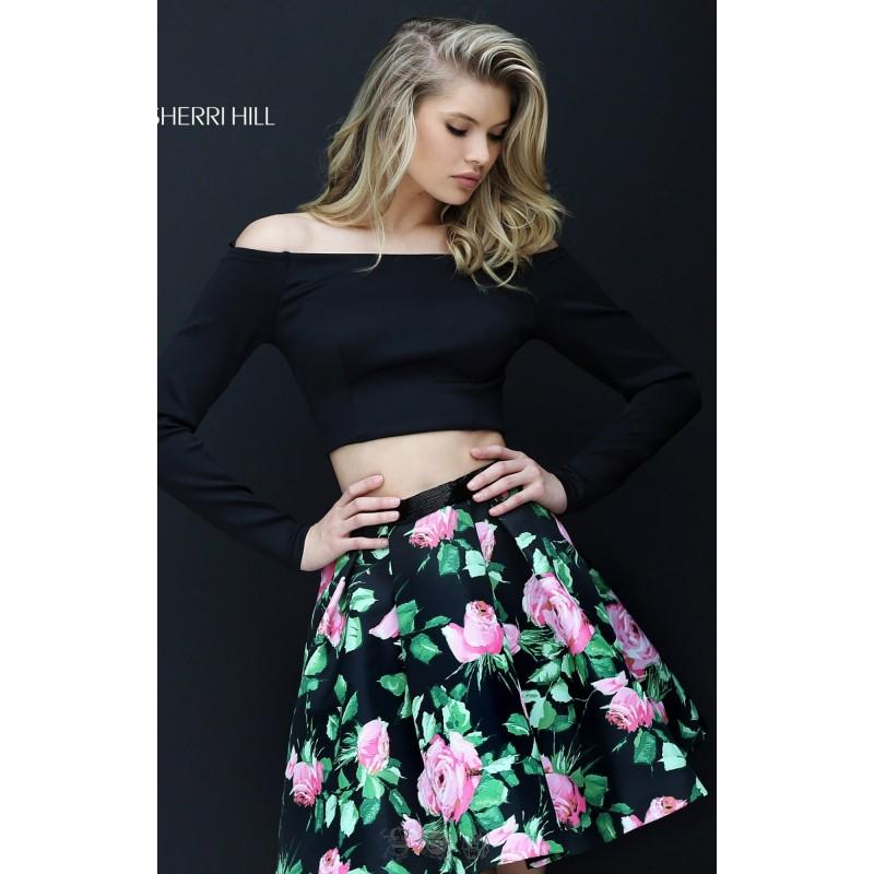 زفاف - Black/Pink Print Sherri Hill 50504 - 2-piece Sleeves Dress - Customize Your Prom Dress