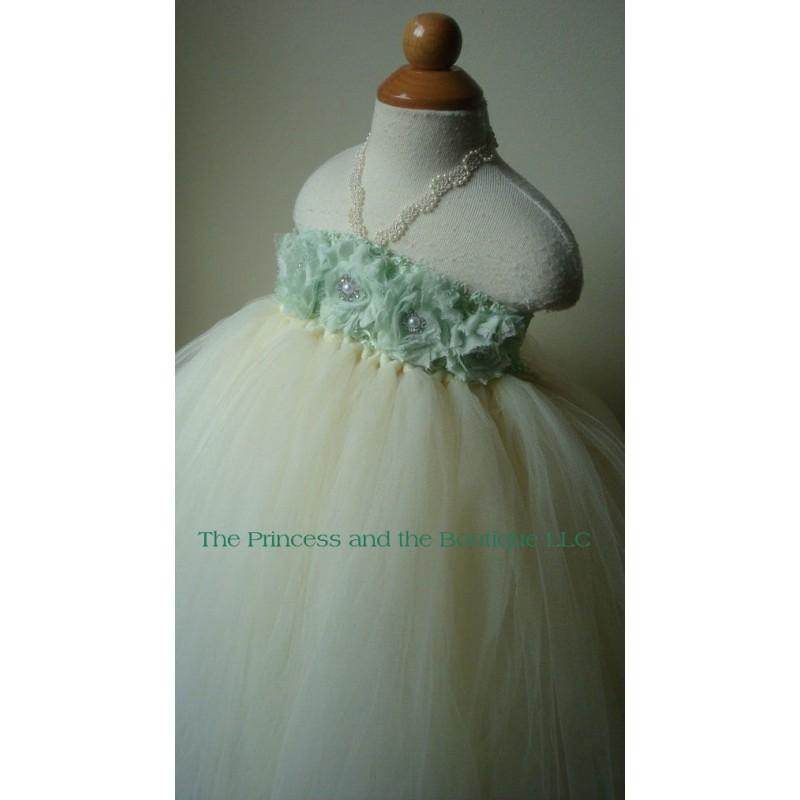 Wedding - Ivory flower girl dress with mint green chiffon flowers. Tutu flower girl dress - Hand-made Beautiful Dresses