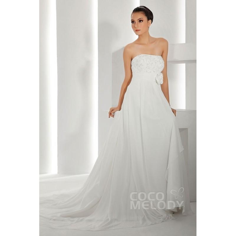 Mariage - Trendy Sheath-Column Strapless Empire Waist Chapel Train Chiffon Wedding Dress CWXT13019 - Top Designer Wedding Online-Shop