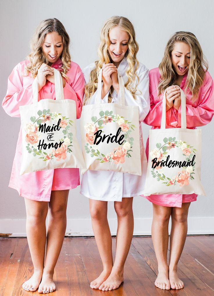 زفاف - Wedding Bridal Party Tote Bags Bridesmaids Gifts For Bride And Friends, Floral Wreath Bags For Wedding (Item - FLB300)