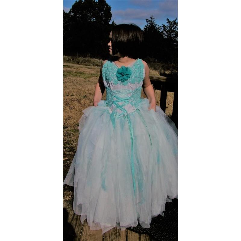 Wedding - Childs size 8 up to size 4 petite lady. Tattered ragged white aqua fairy princess bridsmaids party prom dress up - Hand-made Beautiful Dresses