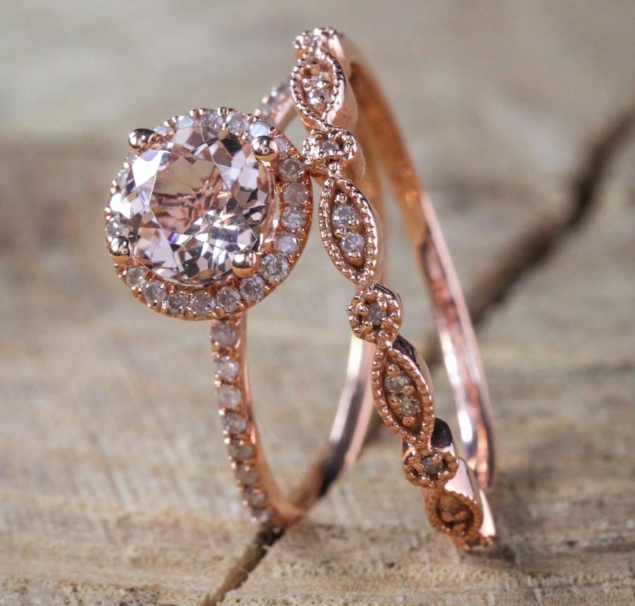 Свадьба - Sale on Antique Vintage Design Milgrain 2 carat Round Morganite and Diamond Halo Bridal Wedding Ring Set in Rose Gold for Women