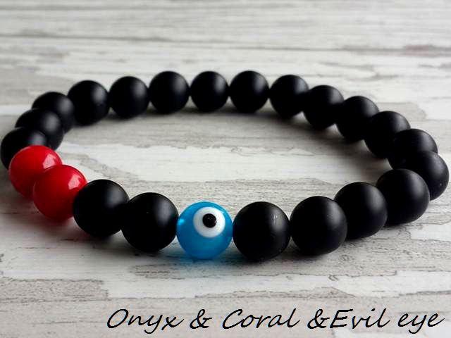 زفاف - Men Matt Onyx Bracelet ,Blue Evil Eye Bracelet ,Boyfriend gifts idea,Men Bead Bracelet ,Red Coral,Fashion Jewerlly,Healing Bracelet