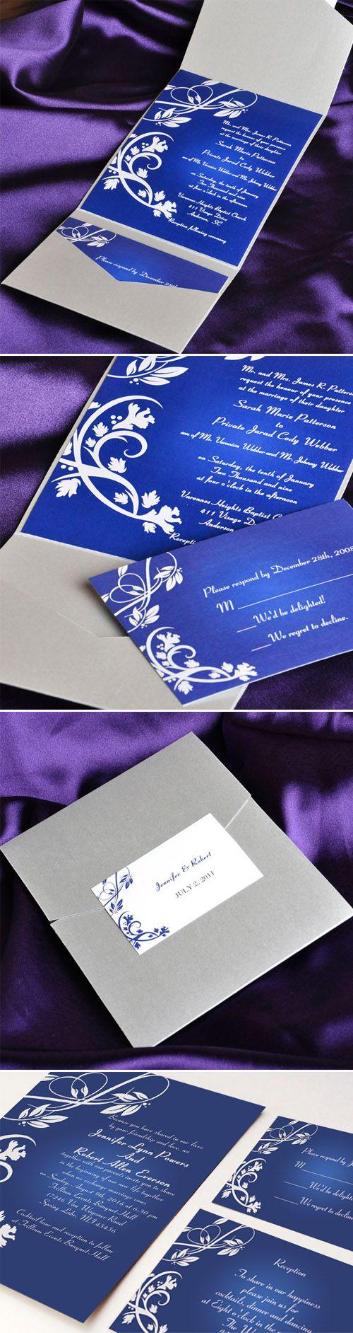 Hochzeit - Blue Elegant Floral Swirl Damask With Grey Pocket Affordable Wedding Invitation Kits EWPI018