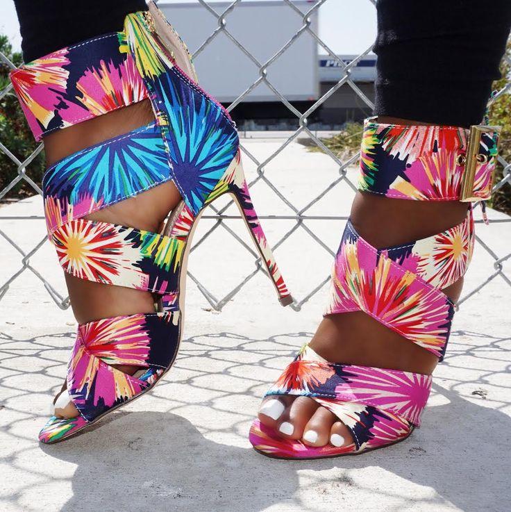 Wedding - Sexy Rainbow Printed Strappy Open Toe Single Sole High Heels Booties Canvas