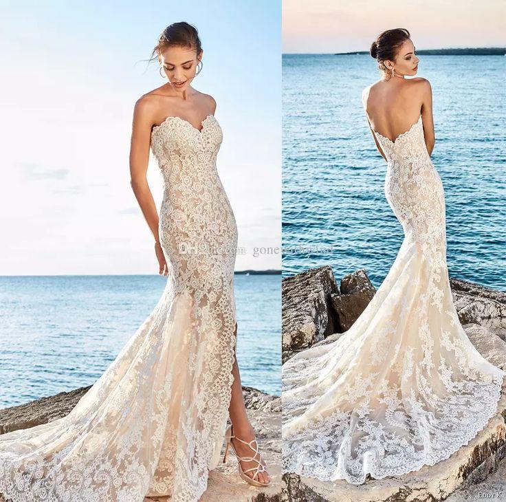 Hochzeit - Sexy Side Slit Beach Lace Wedding Dresses 2018 Eddy K Bridal Fit And Flare Strapless Sweetheart Neckline Chapel Train