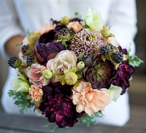 Wedding - Plum, Eggplant, Peach And Greens Rich Mix Bouquet Of Peonies, Allium, Dahlias Bouquet