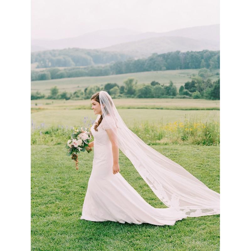Mariage - Elegant Ivory Chapel Train Trumpet Bateau Cap Sleeves Spring Lace Covered Button Outdoor Appliques Wedding Dress - overpinks.com