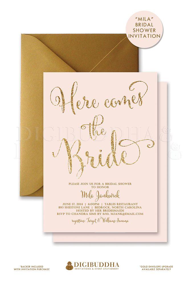 Hochzeit - HERE COMES The BRIDE Bridal Shower Invitation Blush Pink Gold Glitter Calligraphy Modern Classic Free Shipping Or DiY Printable- Mila