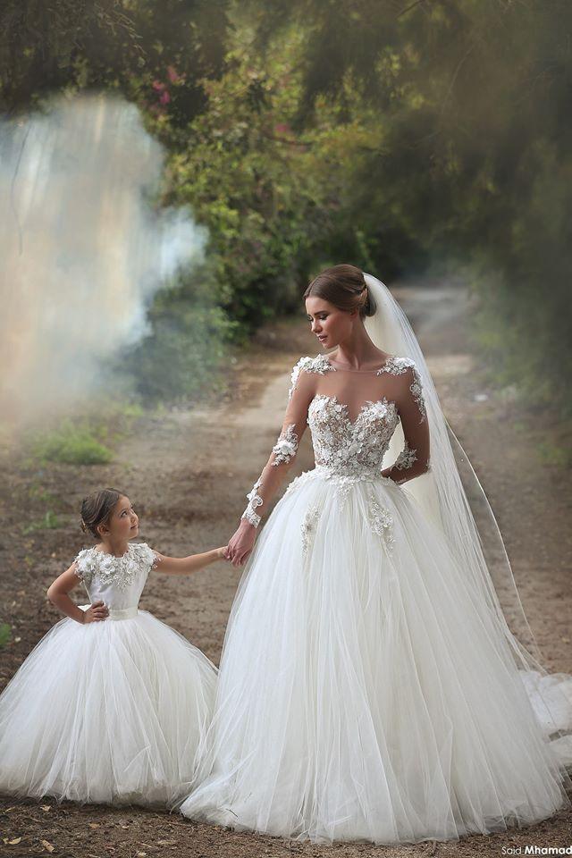زفاف - 2015 Cinderella Flower Girls Dresses Special Occasion Kids Lace First Communion Gowns White Mother And Daughter Matching Wedding DressesZC05