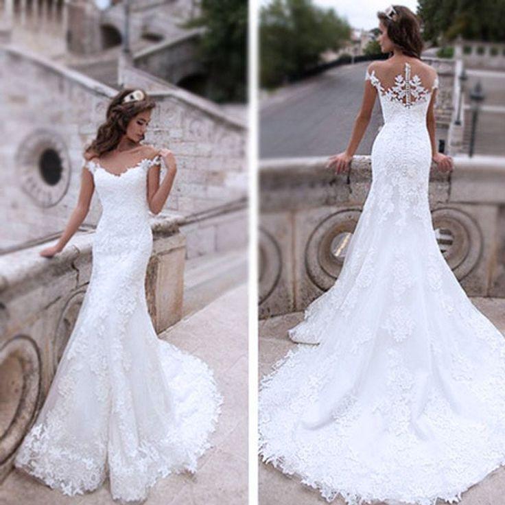 زفاف - Charming Off Shoulder Sexy Mermaid White Lace Bridal Gown, Wedding Dresses, WD0058