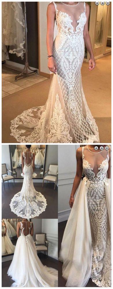 زفاف - Fabulous Jewel Sleeveless Sheath Lace Wedding Dress With Detachable Train Illusion Back
