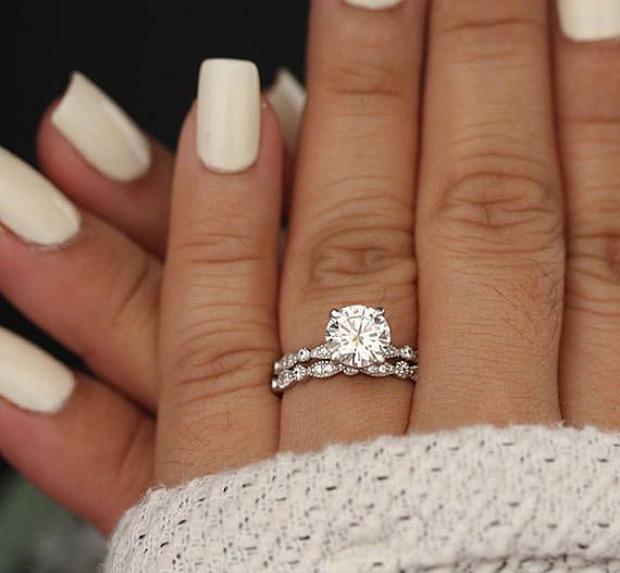 Wedding Ring Set, Moissanite 14k White Gold Engagement Ring, Round 8mm