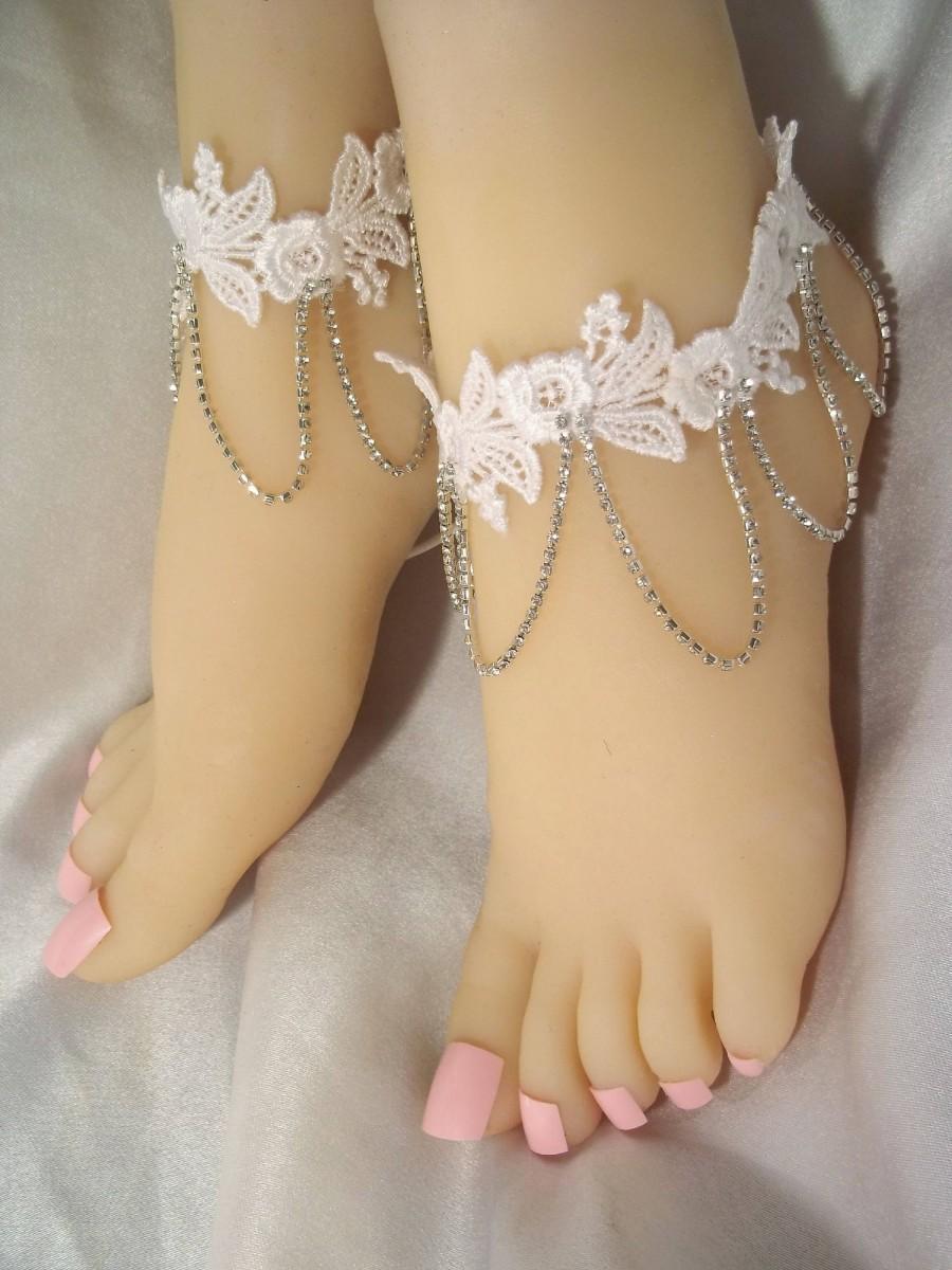 زفاف - Rhinestone & Lace Anklet, Lace Foot Jewelry, Rhinestone Barefoot Sandals, Bride Anklets, Formal Anket, Evening Jewelry, Designs By Loure - $22.95 USD