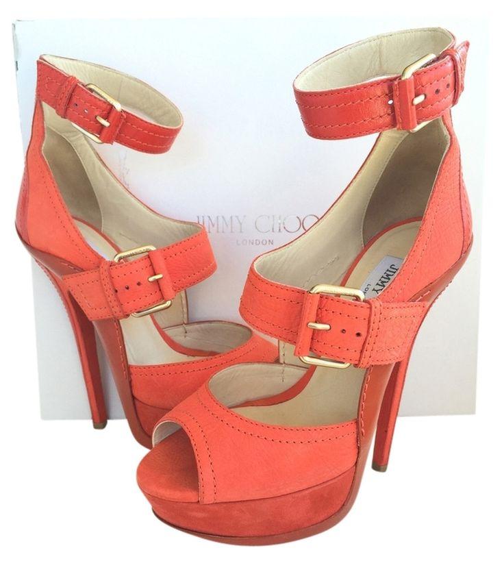 Wedding - Jimmy Choo Letitia Bright Orange Coral Nubuck Platform Sandals Shoes Pre-owned