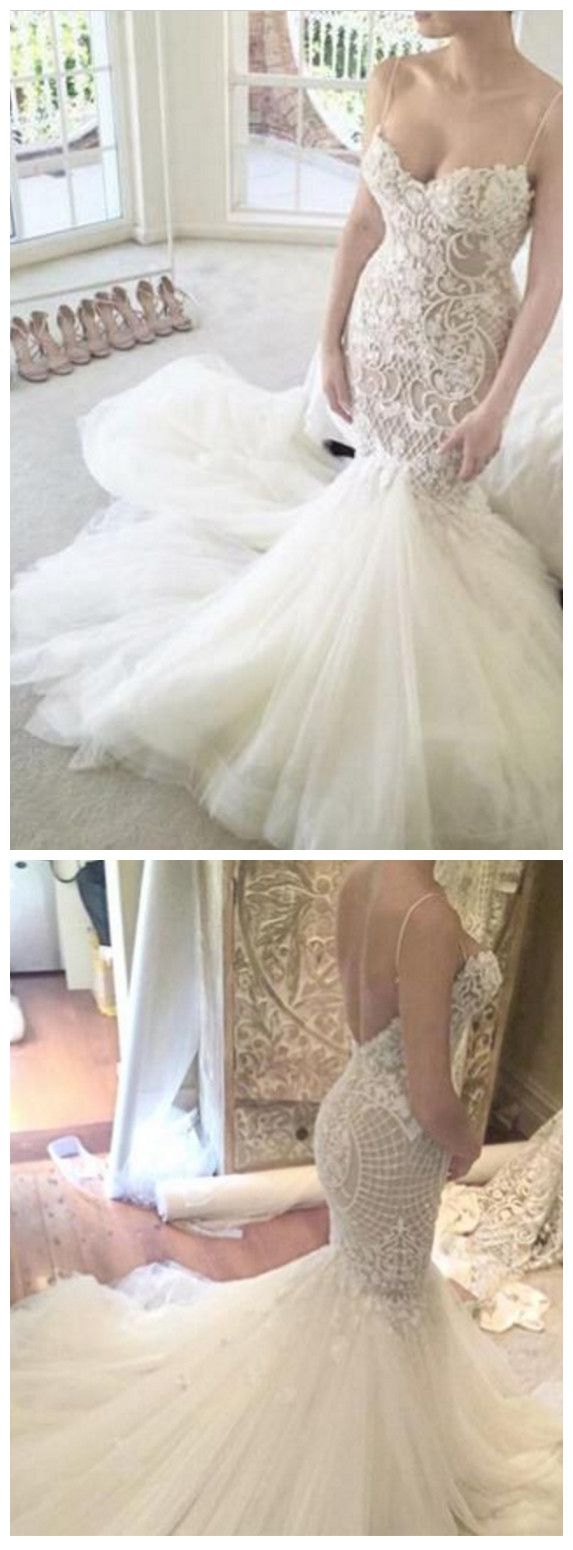 زفاف - Ivory Mermaid Backless Spaghetti Straps Court Train Lace Tulle Wedding Dress From BallaDresses