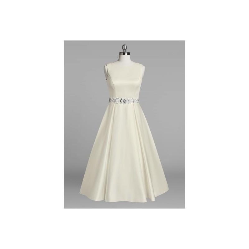 Wedding - Champagne Azazie Lark BG - Satin, Tulle And Lace Boatneck Illusion Tea Length Dress - Charming Bridesmaids Store