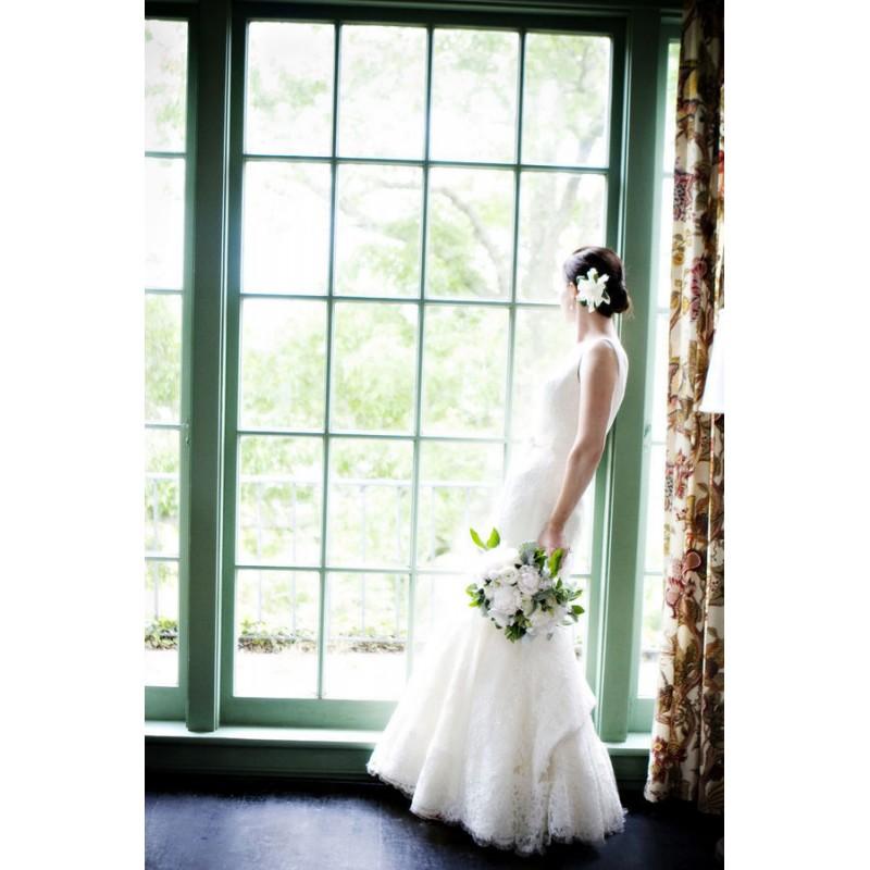 Mariage - Outdoor Zipper Up Lace Column Elegant Ivory V-Neck with Sash Chapel Train Spring Sleeveless Bridal Dress - dressosity.com