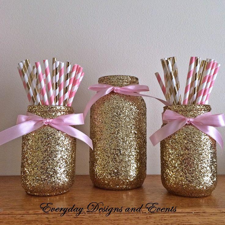 زفاف - Pink And Gold Mason Jar Set, Pink And Gold Baby Shower, Pink And Gold First Birthday, Birthday Decorations, Pink And Gold Party, Gold Jars