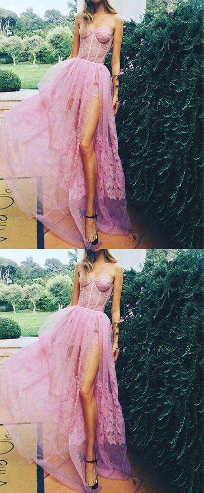 Свадьба - Charming Sweetheart Lace Tulle Prom Dress,High Slit Puffy Evening Dresses
